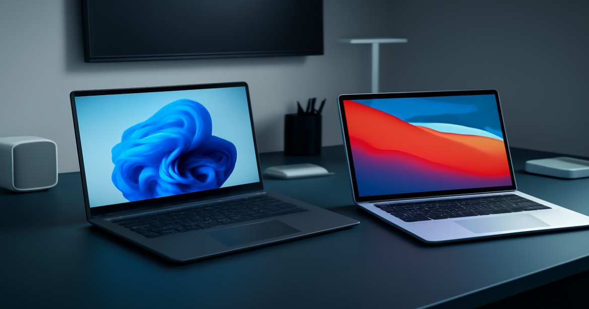 Сравнение ноутбуков: Windows и macOS showcased in a modern workspace setting.