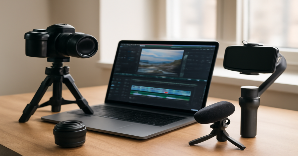 High-quality image of фото и видеооборудование для блогеров in a modern workspace setting.
