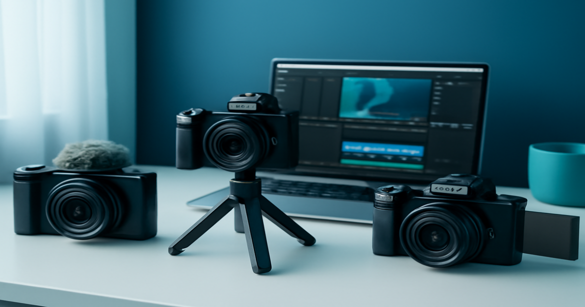 High-quality image of cameras for vlogging, showcasing 2023's top choices in a modern workspace.
