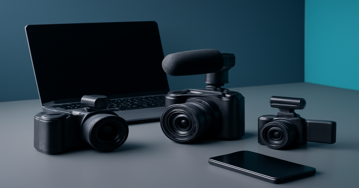 Showcasing top видеокамеры для влогинга in a sleek, modern workspace setup.